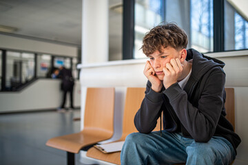 Anxious teenager waiting alone in hospital waiting area before medical checkup.