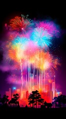 Vibrant fireworks display explodes over a silhouetted cityscape at night, showcasing a spectrum of colorful bursts and trails against a dark sky