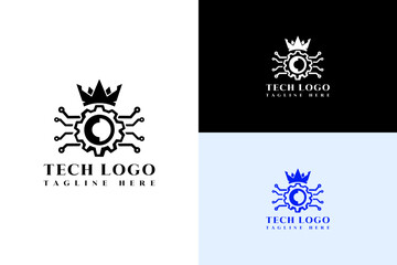 illustration of crowned gear with circuit arms, abstract, vector logo for artificial intelligence, coding, data center, hi tech, mechanical, blockchain, fast data, technical, database, and more