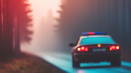 A police car is parked on a misty road surrounded by tall trees, indicating a quiet early morning atmosphere