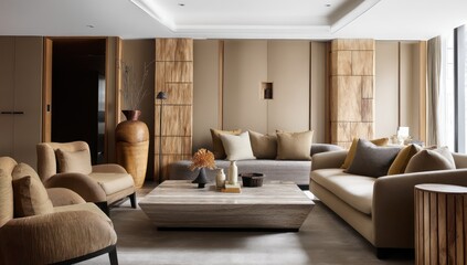 Elegant living space with tan walls, wooden accents, and neutral tones for warmth.