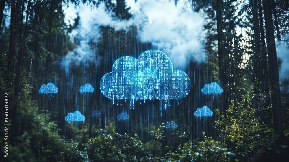 Poster cloud computing concept with digital clouds in a natural forest environment