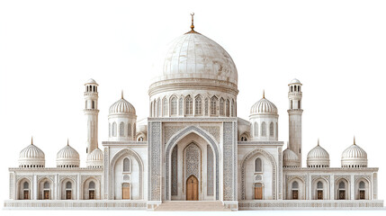 Obraz premium Frontal view of a grand, ornate, white mosque with a large central dome and towering minarets against a plain white background.