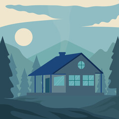 cabin or cottage at nature forest landscaped vector illustration graphic design . minimalist guest house at night view with trees and mountain idea concept for business travel
