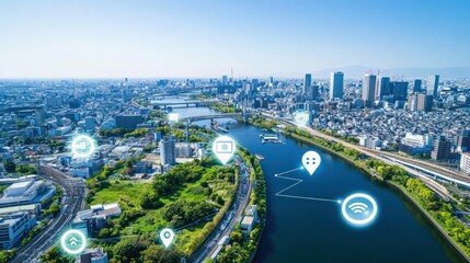 Fototapeta premium Panoramic view of modern city skyline with advanced technology connection points and digital network across the city