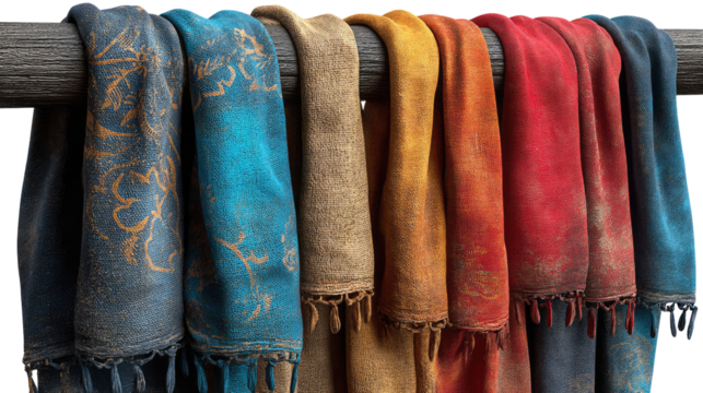 Silk scarves in Colorful Spectrum: Draped in a symphony of colors, a collection of meticulously crafted silk scarves hangs on a wooden rack, each a testament to timeless elegance and artisanal skill.