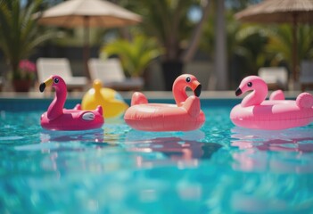 Colorful pool floats drifting in calm water, perfect for a summer party