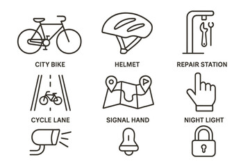 Fototapeta premium Bicycle icons: bike, helmet, repair, lane, navigation, signal, light, security lock