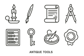 Fototapeta premium Collection of antique tools: candle holder, quill pen, scroll, compass, key, abacus, wax seal