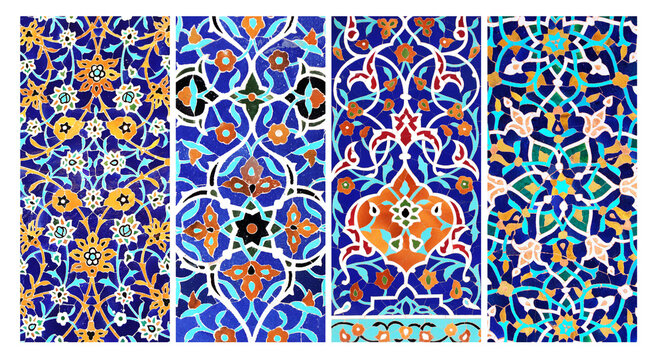 Set of vertical or horizontal banners with detail of ancient mosaic walls with floral and geometric ornaments. Collection of background with traditional islamic tile decoration. Tile decor on old wall