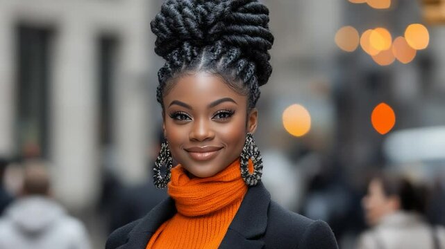 Portrait of a Black Woman with Braids and Orange Sweater
