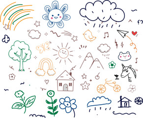 Fototapeta premium Crayon hand-drawn doodle of a garden with flowers, trees, a rainbow, birds, bees, and smiling suns. Childlike style using colored pencils, creating a seamless pattern or wallpaper design for children.
