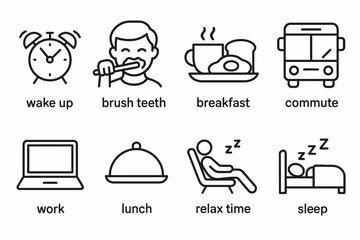 Daily routine icons: wake up, brush teeth, breakfast, commute, work, lunch, relax, sleep