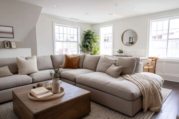 Spacious living room with sectional sofa, neutral decor, and natural light streaming in.