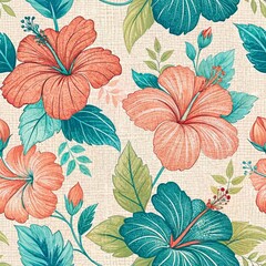 Tropical Hibiscus Bliss Seamless Pattern, Coral and Teal Watercolor Floral Digital Paper with Exotic Leaves, Beach Vibes, and Island-Inspired Botanical Design