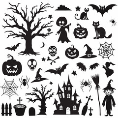 Obraz premium Haunted House Edition, Halloween Silhouettes, Set of Happy Halloween design elements on white background
