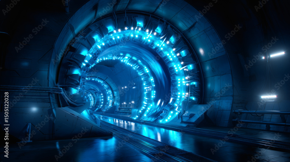 Poster futuristic blue-lit tunnel featuring advanced technology and glowing circular structures in a sci-fi