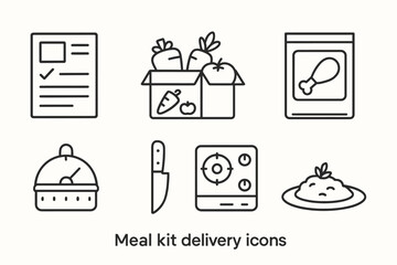Meal kit delivery icons: recipe, ingredients, packaging, cooking, knife, plate