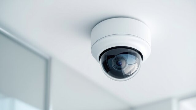 Closeup of white dome type cctv digital security camera installed on ceiling for observation. - Powered by Adobe