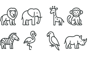 Minimalist outline art of zoo animals: lion, elephant, giraffe, monkey, zebra, flamingo, parrot, rhinoceros.