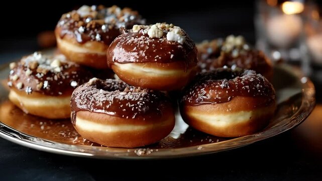 A tempting stack of delicious donuts glazed with rich chocolate and topped with nuts, served on an elegant plate in a cozy setting.