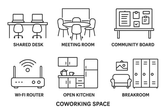 Modern coworking space amenities: shared desks, meeting rooms, community board, and more.