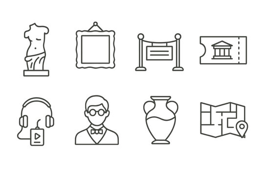 Museum icon set featuring art, audio guide, and admission symbols