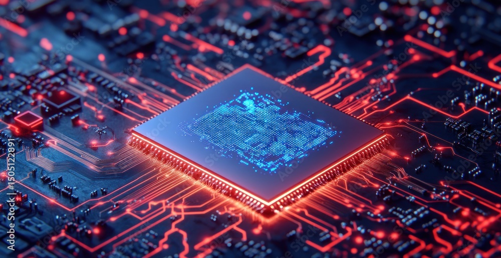 Poster illuminated microchip on a circuit board, advanced technology concept