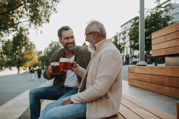 Father and son enjoying beer together outdoors