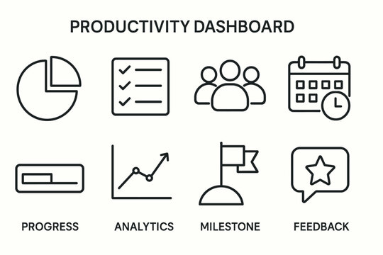 Productivity dashboard with icons for progress, analytics, milestones, and feedback.