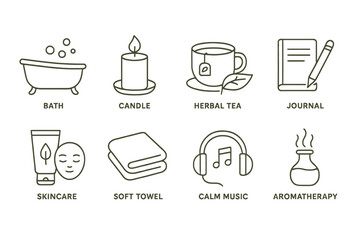 Relaxation essentials: bath, candle, herbal tea, journal, skincare, soft towel, music, aromatherapy