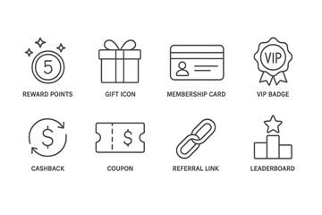Rewards icons: points, gift, membership, vip, cashback, coupon, referral, leaderboard