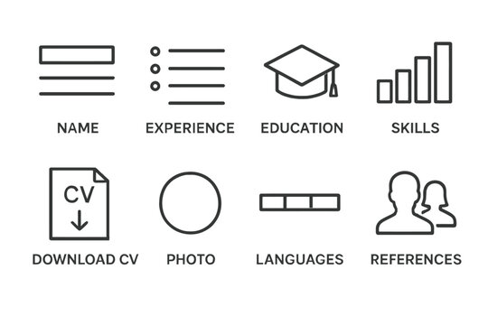 Resume icons overview: experience, education, skills, languages, references.