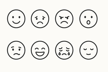 Fototapeta premium Simple black and white emoji faces expressing various emotions.
