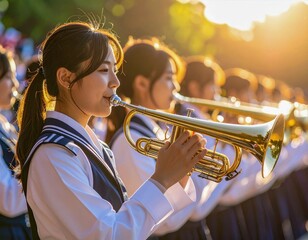 A female student in the brass band club plays the trumpet