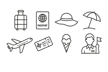 Travel icons featuring passport, airplane, luggage, hat, and tour guide.