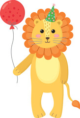 Cute lion with birthday hat holding a red balloon in his paw. Colorful illustration of party animal