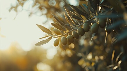 Close up of an olive branch with green olives and leaves in the soft golden light of the sunset