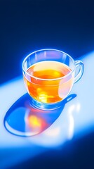A glass teacup filled with amber liquid casts a vibrant, reflective shadow on a cool blue surface, illuminated by a dramatic light source