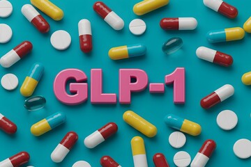 Colorful pills and glp-1 text symbolize medication and treatment. pills and capsules