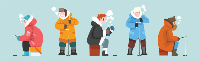 Man in Warm Coat Fishing in Winter at Frozen River Vector Set