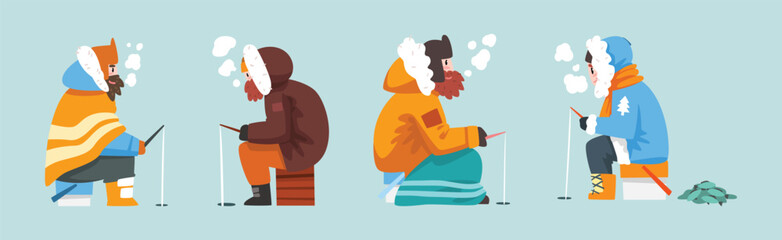 Man in Warm Coat Fishing in Winter at Frozen River Vector Set