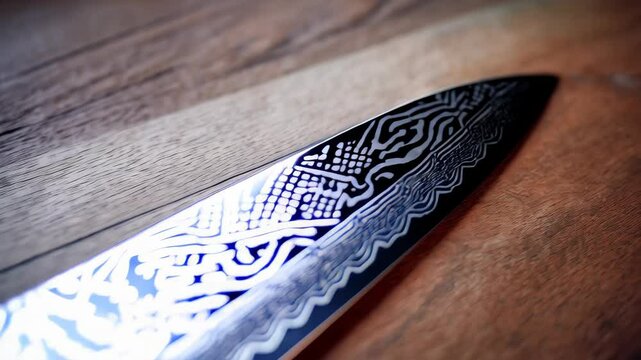 Elegant damascus kitchen knife with an ornate design on a rustic wooden table. Gourmet cooking tool with a sharp blade.