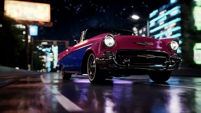 New Nostalgia Retro-futuristic car on neon highway.