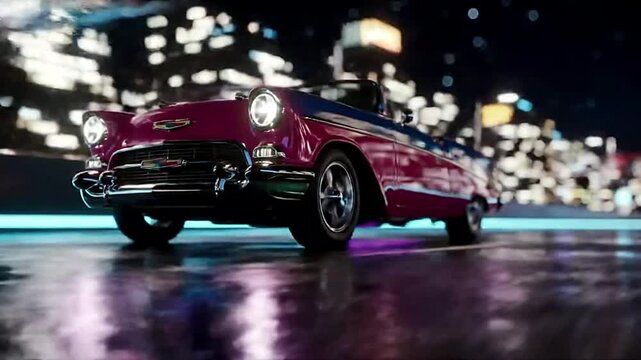 New Nostalgia Retro-futuristic car on neon highway.