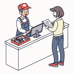 Vector illustration of service center counter with technician and customer, isolated on transparent background