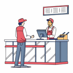 Vector illustration of service center counter with technician and customer, isolated on transparent background