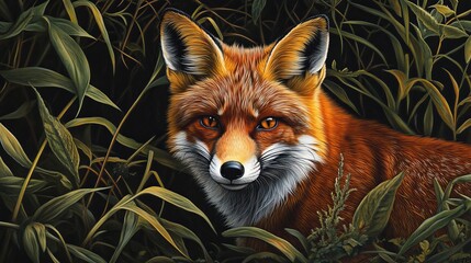 Fototapeta premium A close up of a red fox with amber eyes surrounded by green grass in a dark and moody setting