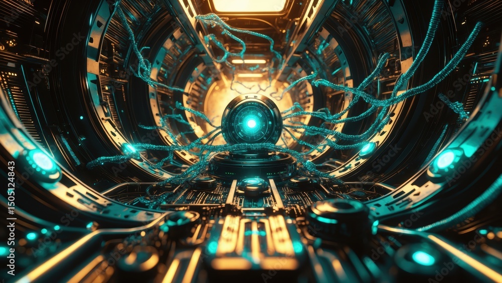 Aufkleber confrontation between advanced ai and nanorobot intelligence within a futuristic control chamber