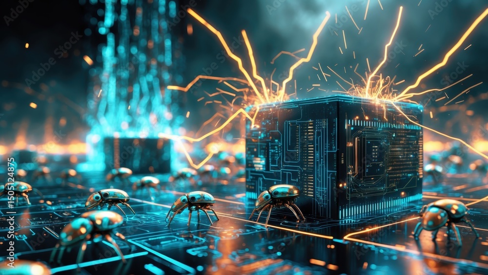 Poster confrontation between ai systems and nanorobots in a futuristic digital environment